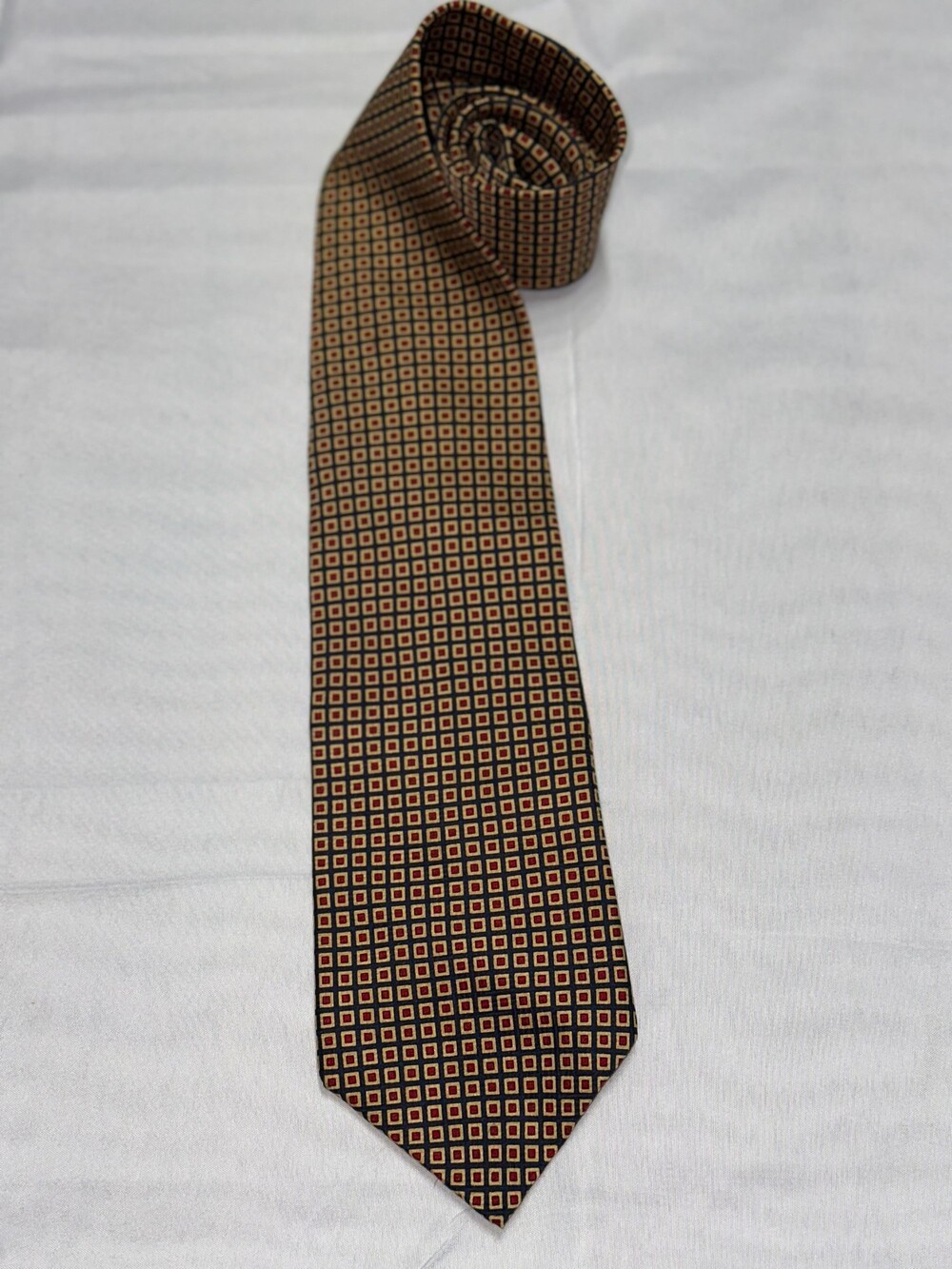 Cromley & Finch Handmade Silk Tie Geometric Pattern Navy Red Gold